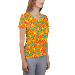 Orangeflower Pattern on Green - All-Over Print Women's Athletic T-shirt - Keen Eye Design