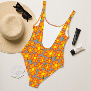 Orangeflower Pattern on Med Gray - AOP One-Piece Swimsuit - Keen Eye Design