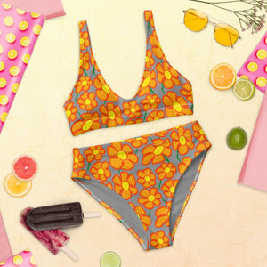 Orangeflower Pattern on Med Gray - Recycled AOP High-waisted Bikini - Keen Eye Design