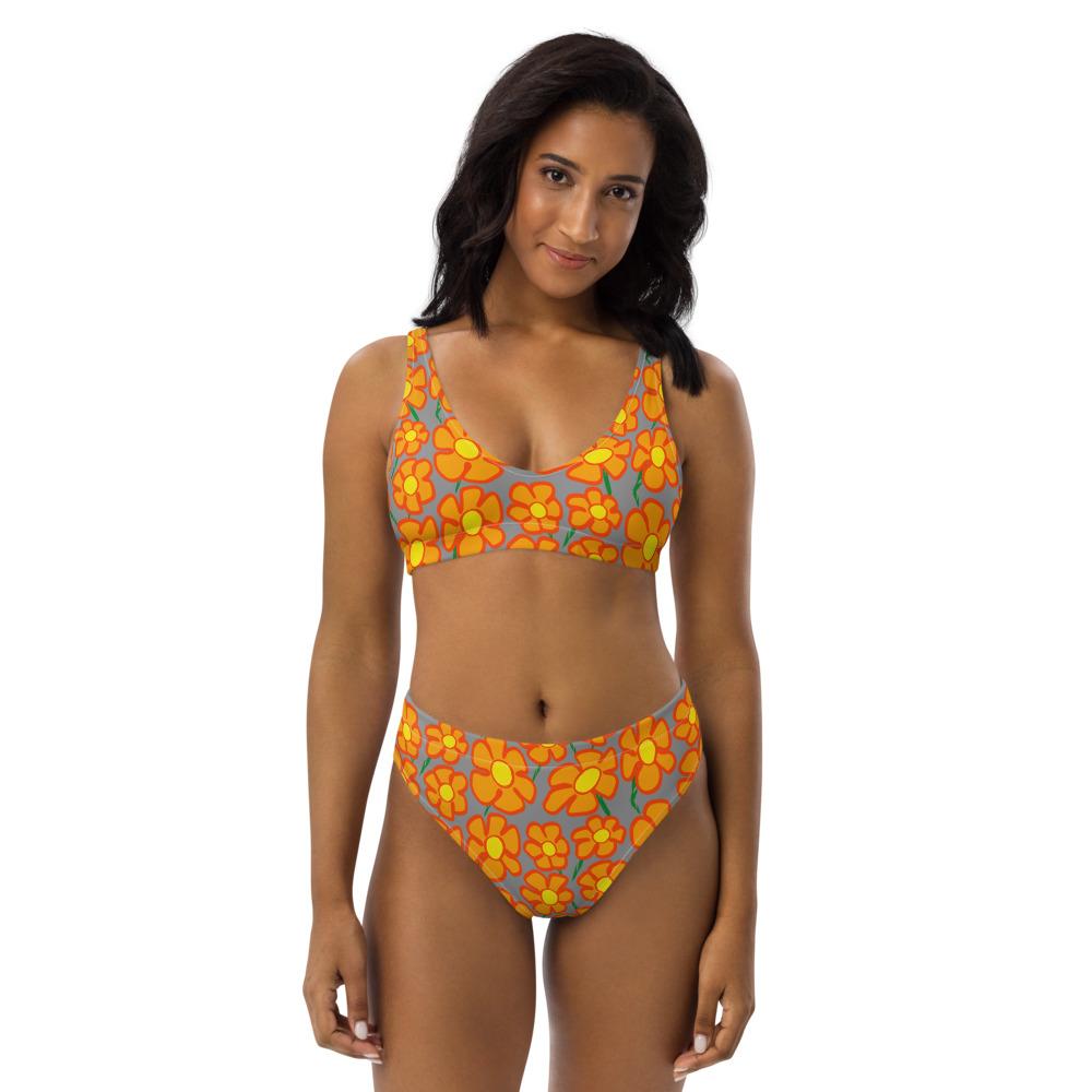 Orangeflower Pattern on Med Gray - Recycled AOP High-waisted Bikini - Keen Eye Design