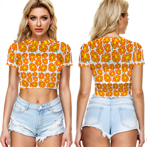 Orangeflower on White - AOP Sheer See-Through Mesh Crop Top Tee - Keen Eye Design