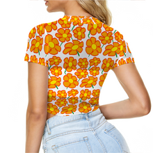 Load image into Gallery viewer, Orangeflower on White - AOP Sheer See-Through Mesh Crop Top Tee - Keen Eye Design
