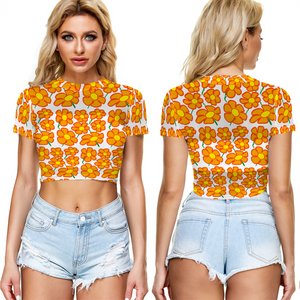 Orangeflower on White - AOP Sheer See-Through Mesh Crop Top Tee - Keen Eye Design