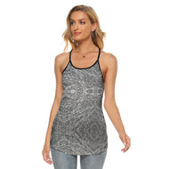 Reed Pattern - AOP Women's Gray Tones Criss-Cross Open Back Tank Top - Keen Eye Design